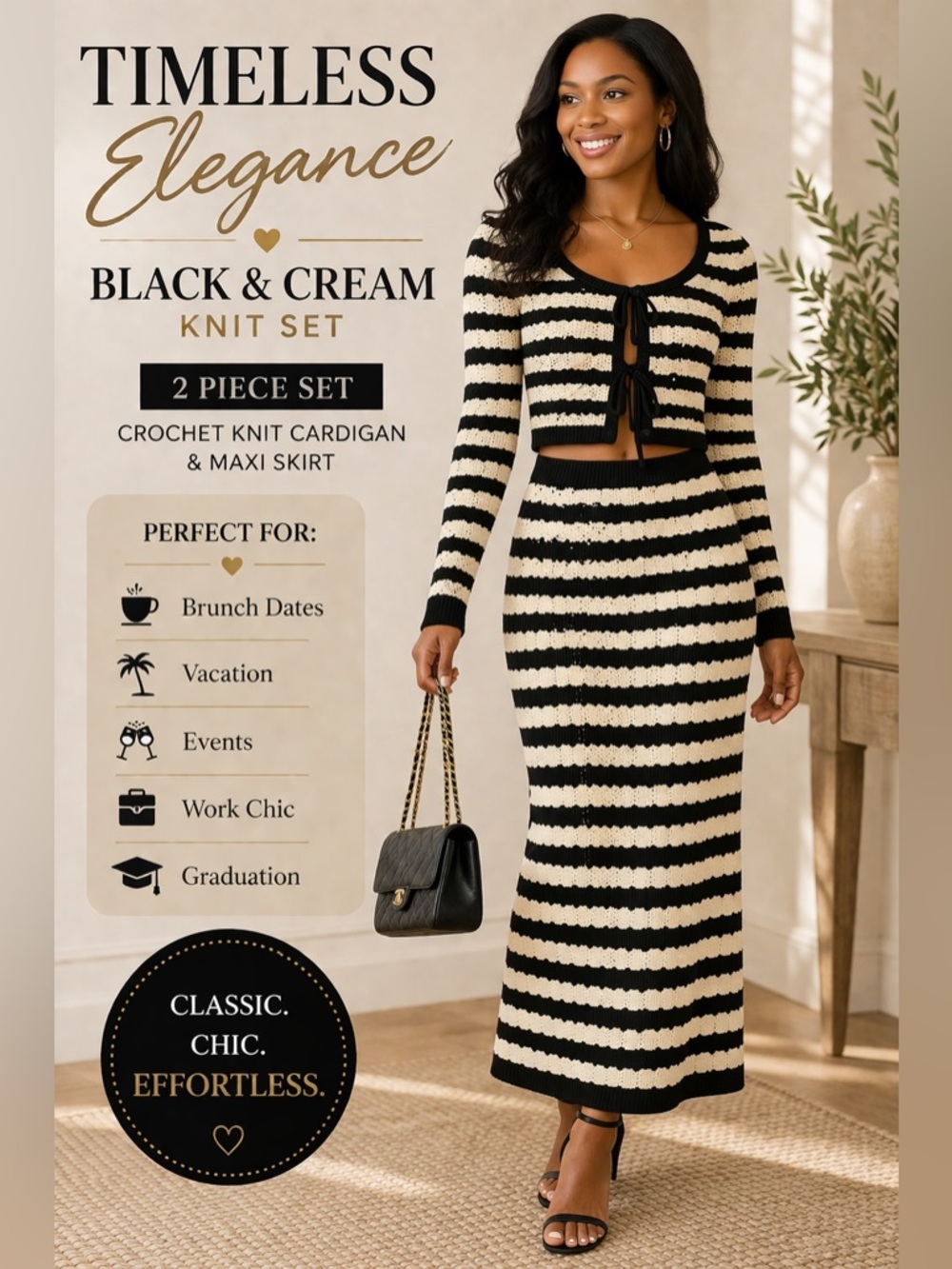 Black/Cream Crochet Knit 2 Piece Cardigan/Skirt Women’s Size Small Transitional